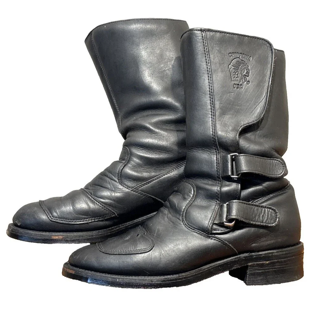 Chippewa 27862 Odessa Rally Biker Boots Black Leather 10.5EE Hook & Loop VINTAGE